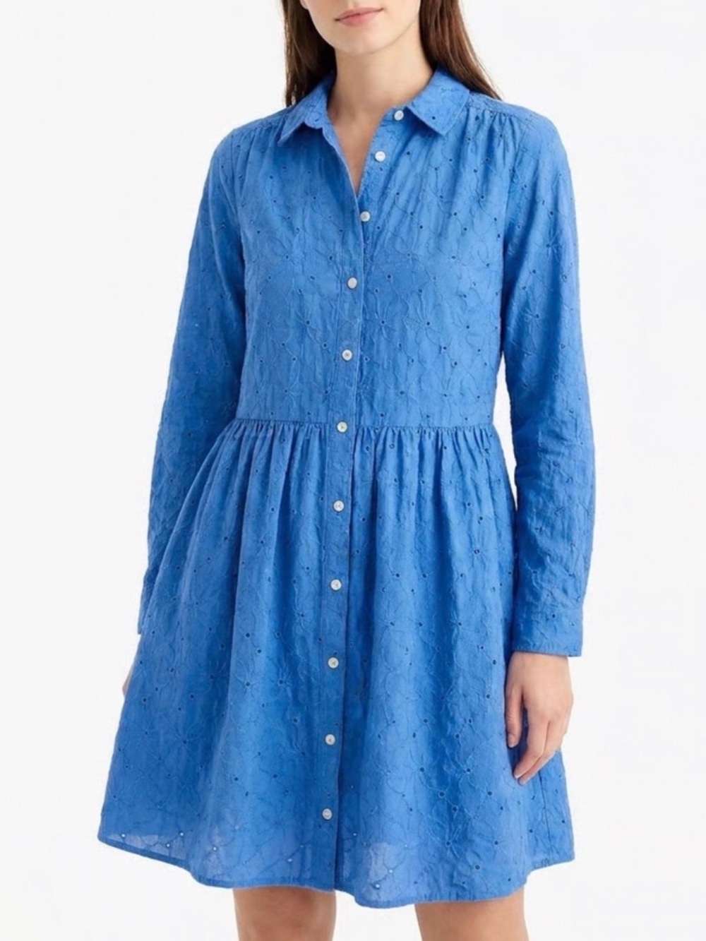 J. Crew Blue Eyelet Button-Front Long Sleeve Dress